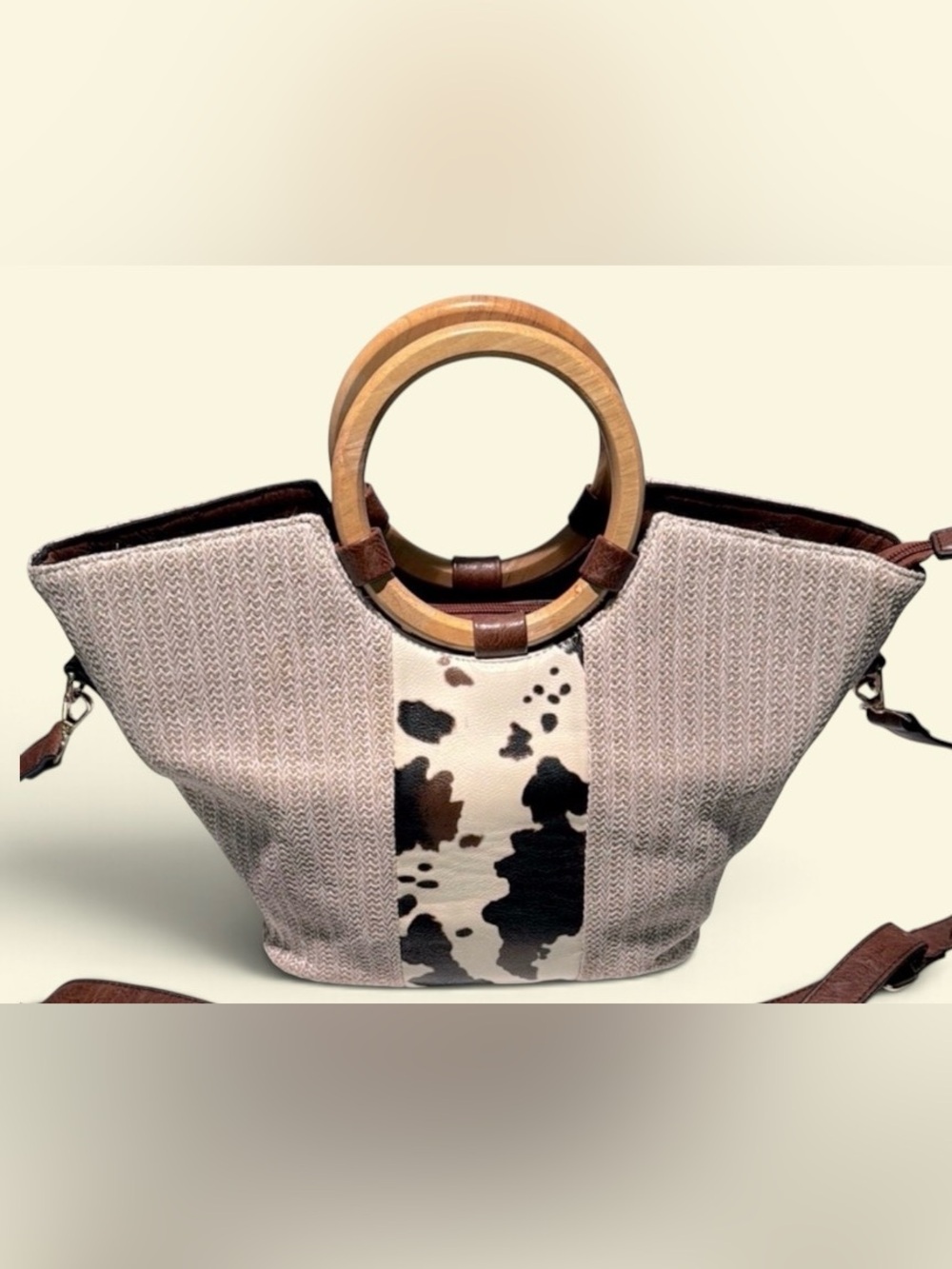 Brown and Cream Tote with Wooden Handles and Leather Strap